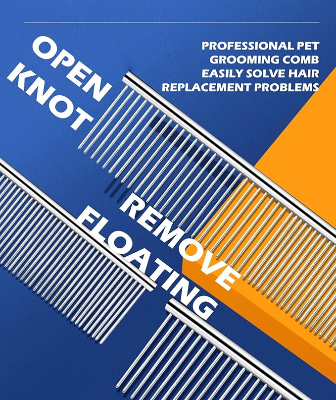 Dematting Combs with Rounded Ends - Stainless Steel Teeth for Removing Tangles and Knots - Professional Grooming Tool for Long and Short Haired Dogs, Cats and Other Pets - 7.28IN