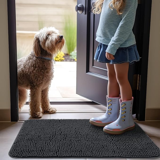 OLANLY Dog Door Mat for Muddy Paws 59x35, Absorbs Moisture and Dirt, Absorbent Non-Slip Washable Mat, Quick Dry Chenille, Mud Mat for Dogs, Entry Indoor Door Mat for Inside Floor, Dark Grey