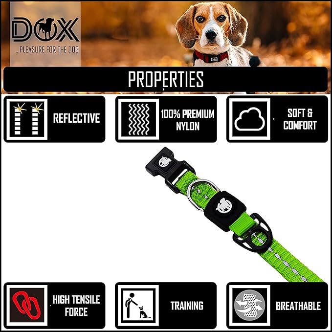 DDOXX Reflective Nylon Dog Collar - Strong and Adjustable Collars Dogs - XS (Green)