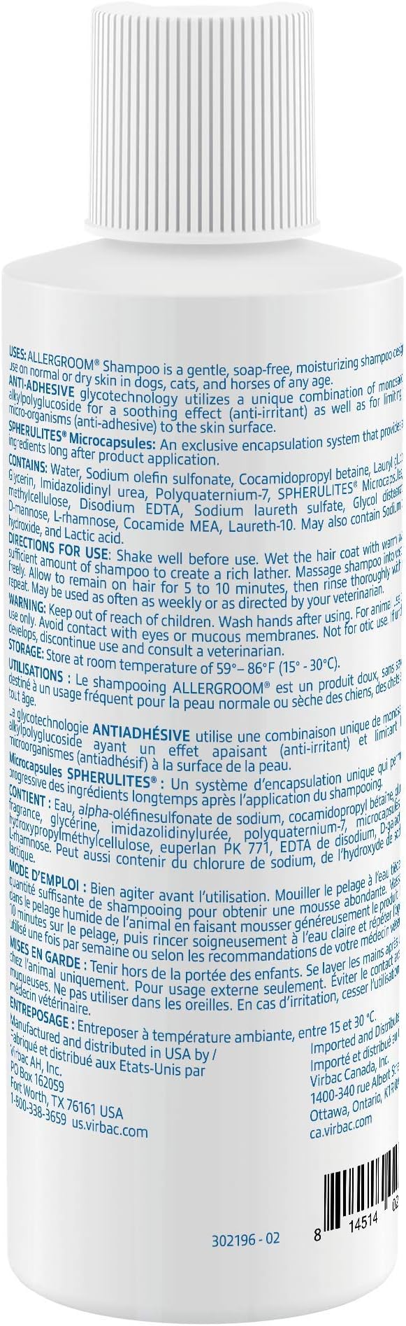 Virbac Allergroom Pet Shampoo For Dogs, Cats & Horses (8 oz) - For Normal or Dry Skin