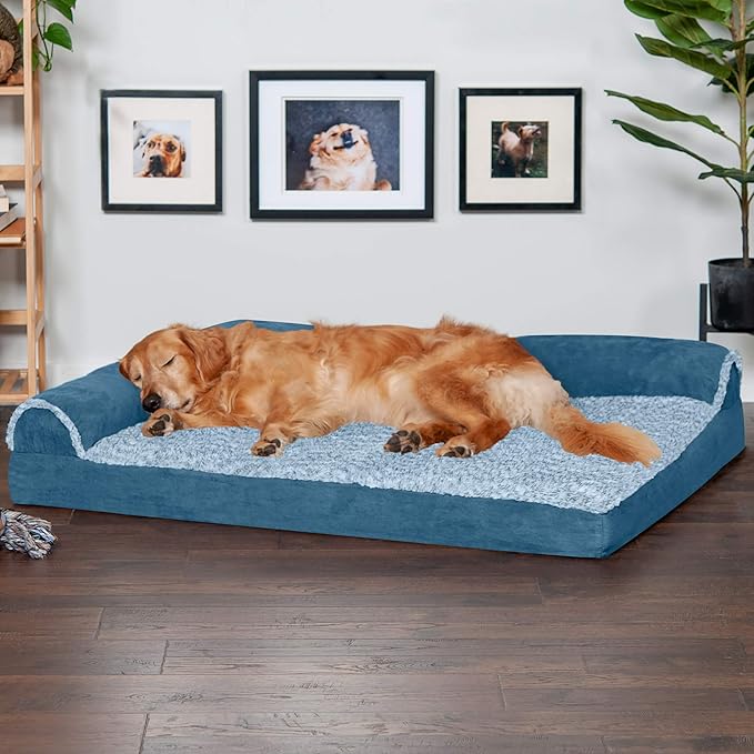 Furhaven Orthopedic Dog Bed for Large Dogs w/ Removable Bolsters & Washable Cover, For Dogs Up to 95 lbs - Two-Tone Plush Faux Fur & Suede L Shaped Chaise - Marine Blue, Jumbo/XL
