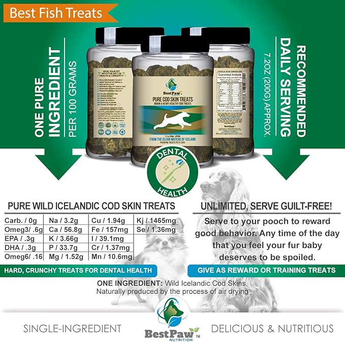 Best Paw Nutrition Organic Raised Wild Fish Treats Icelandic Pure Cod Skins or Lobster & Kelp Reward Protein Snacks Rich in EPA & DHA K9 Brain Heart Skin & Coat Health