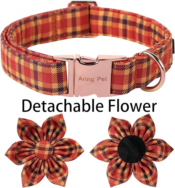 ARING PET Fall Dog Collar-Cotton Halloween Plaid Dog Collar with Flower, Adjustable Orange Halloween Dog Collars Pet Necklace with Metal Buckle for Girl&Boy Dogs