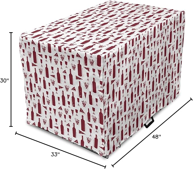 Lunarable Drinks Dog Crate Cover, Illustration of Grunge Style Wine Bottles Glasses Cheese and Grapes Vintage, Easy to Use Pet Kennel Cover for Medium Large Dogs, 48 Inch, Maroon and White