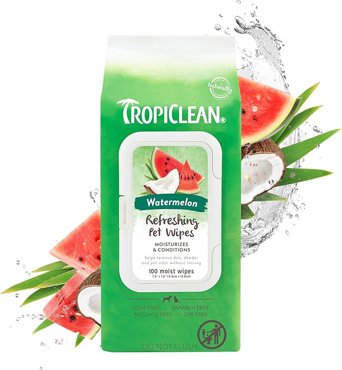 TropiClean Watermelon Dog Wipes for Paws and Butt | Deep Cleaning Dog Grooming Wipes | Safe for The Face | Cat Friendly | 100 Count
