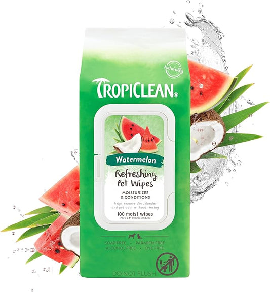 TropiClean Watermelon Dog Wipes for Paws and Butt | Deep Cleaning Dog Grooming Wipes | Safe for The Face | Cat Friendly | 100 Count