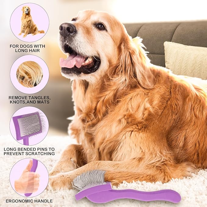 Slicker Brush for Goldendoodles, Labradoodles & Poodles - Grooming Kit for Medium & Long Haired Dogs (Purple)