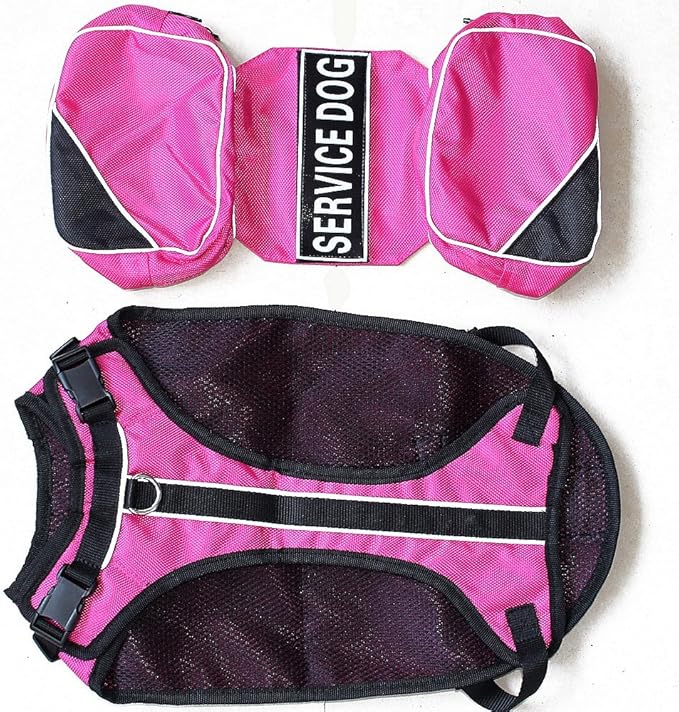 Service Dog Harness, Saddle Bag Backpack Carrier Outdoor Travel Hiking Camping Harness, Removable Saddle Bags and Patches (Hot Pink, M Girth 20-24")