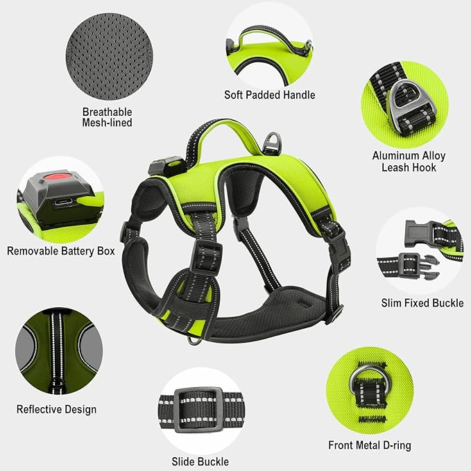 Light Up Dog Harness No-Pull LED Dog Harness with Handle Rechargeable Lighted Dog Vest Harness Dog Harness for X-Small/Small/Medium/Large/X-Large Size (Green, L)