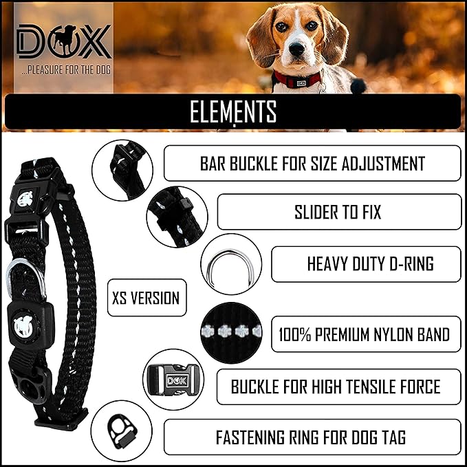 DDOXX Reflective Nylon Dog Collar - Strong and Adjustable Collars Dogs - XS (Black)