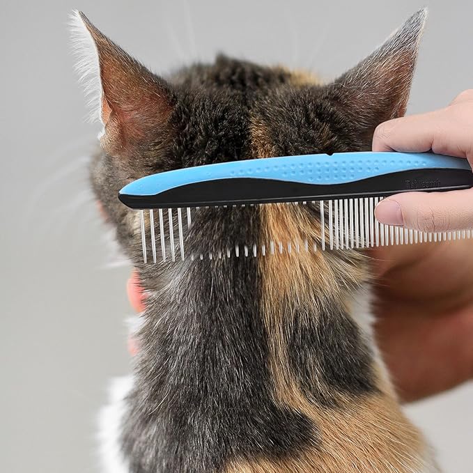 Pet Comb for Dogs and Cats - 2-in-1 Design with Wide & Narrow Teeth, Stainless Steel Round Ends for Safe Detangling, Non-Slip Handle, Removes Knots, Mats, Tangles, and Loose Fur