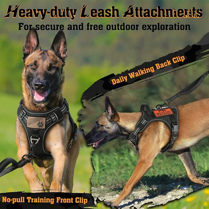 rabbitgoo Dog Harness Medium Sized No Pull, Tactical Service Dog Vest with Molle and Control Handle, Adjustable and Reflective Military Pet Harness for Easy Walking and Training, Black, M