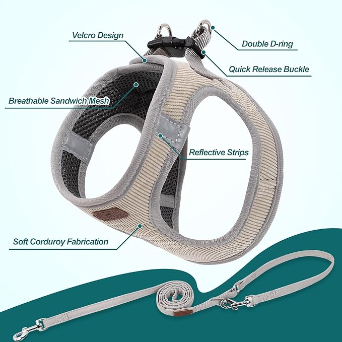 Dog Harness with Multifunction Dog Leash,No Pull Reflective Step-in Harness for Soft Adjustable No Choke Escape Proof,Easy Walk Dog Harness for Puppy,Small Dogs (Beige &Grey, XS)