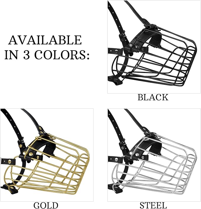 German Shepherd Dog Muzzle Metal Basket for Medium Large Dogs Adjustable Durable Leather Straps Secure Wire Mask for Biting Chewing Barking (Black, M - Size)