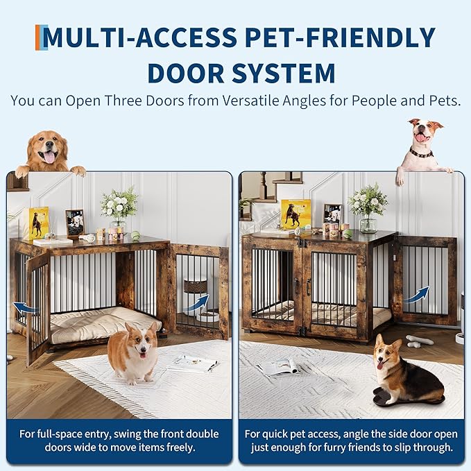 42.1" Dog Crate Furniture, Lockable Double Door Wooden Pet Crate for Indoor Use, Stylish Pet Crate End Table for Small/Large/Medium Dogs, Decorative Pet House, Functional Chic Puppy Crate Furniture