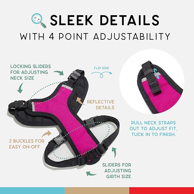 Dog Harness, Puppy Harness, Soft Harness for Dogs, Comfortable Dog Harness, Small Dog Harness, Dog Harness with Padding, 4 Point Adjustable - Wildebeest(XL - 30~36 inch Girth, Fuchsia)
