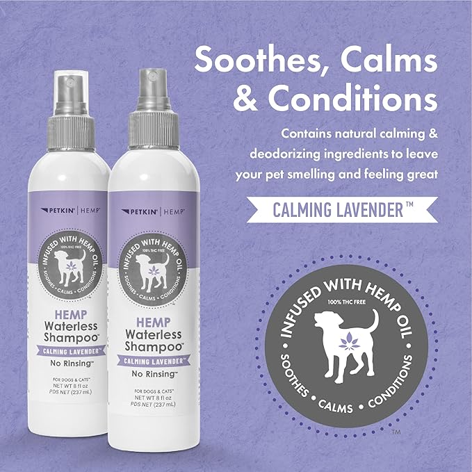 Petkin Hemp Waterless Dog Shampoo Spray – with Hemp Oil & Calming Lavender Extract, 8 fl oz – for Cats and Dogs – Soothes, Calms & Conditions, Keeps Pet Smelling Great – for Home and Travel