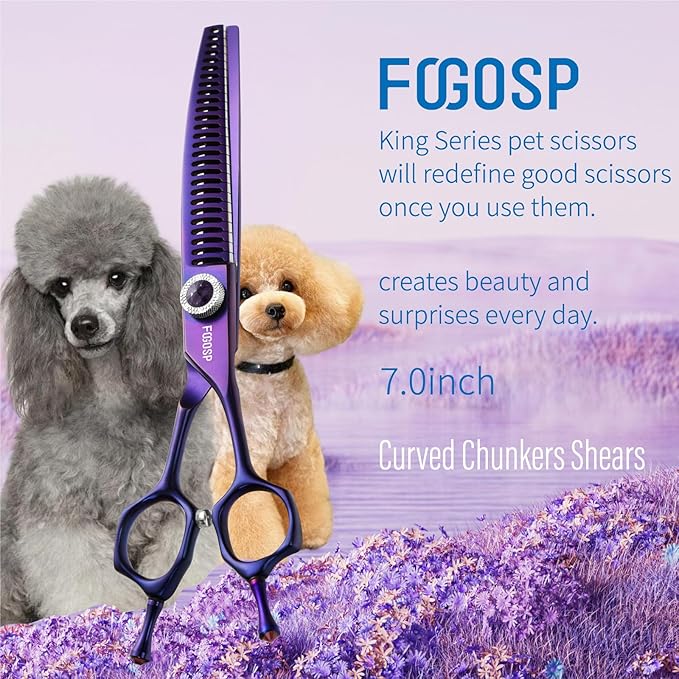 Professional Curved Chunkers Dog Grooming Scissors 7'' Curved Comb Thinning Shears for Dogs Pet 27 Teeth Japan VG10 Sharp and Smooth(7 Curve Chunker, Purpler)