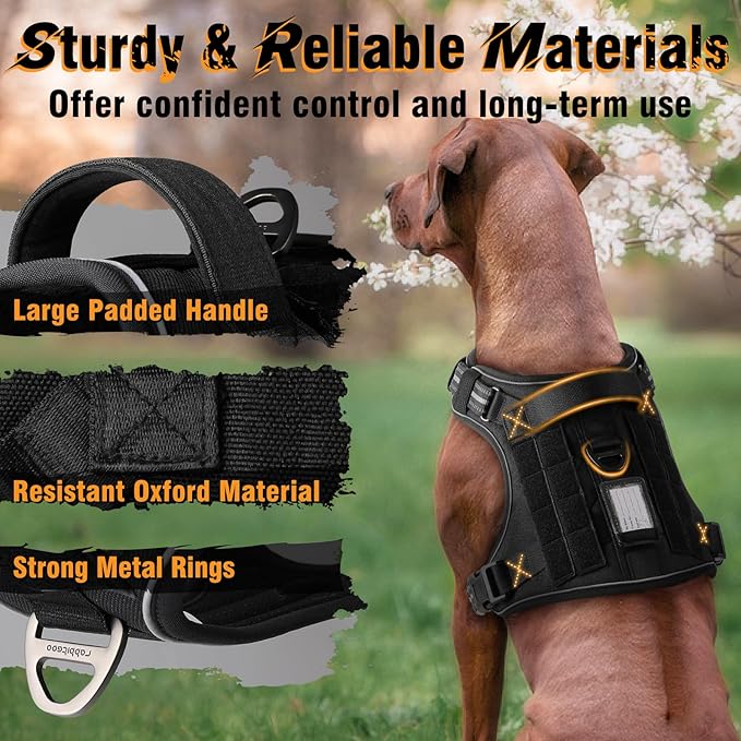rabbitgoo Dog Harness Medium Sized No Pull, Tactical Service Dog Vest with Molle and Control Handle, Adjustable and Reflective Military Pet Harness for Easy Walking and Training, Black, M