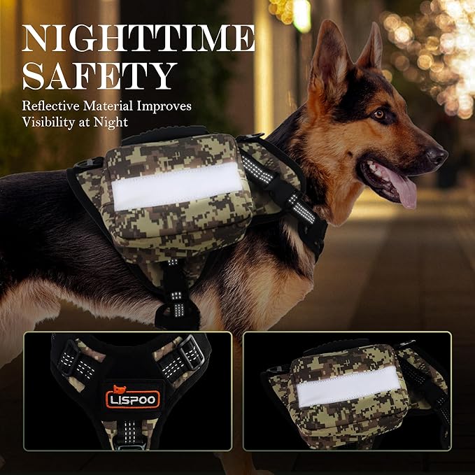 Tactical Dog Harness, Heavy Duty Dog Harness,Adjustable Breathable Pet Harness with MOLLE Panel, Small Pouch, and Bottle Holder,for Large Dogs, Camouflage L