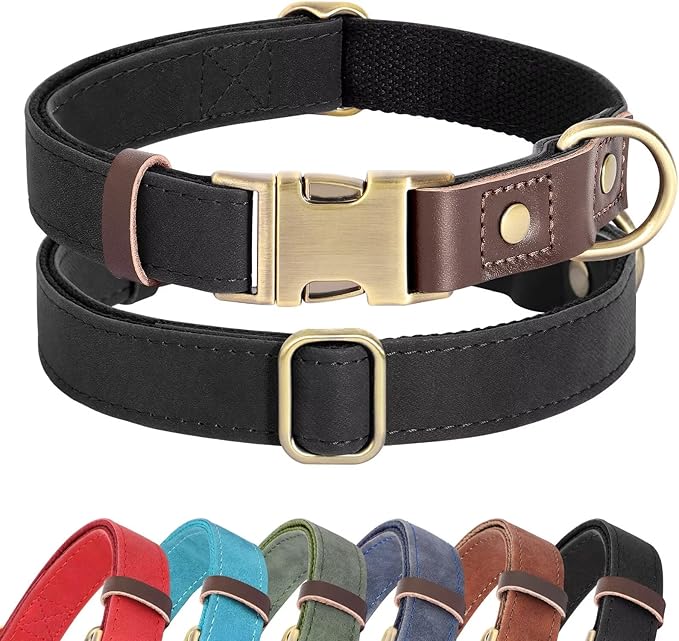 Didog Soft Padded Leather Dog Collars for Medium Dogs, Classic Heavy Duty Dog Collars with Quick Release Metal Buckle, Adjustable Medium Dog Collar Leather,Black,M