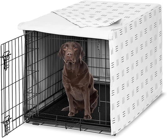 Sweet Jojo Designs White and Black Boho Mudcloth Dog Crate Cover – Kennel Covers for 42 Inch Pet Cage Medium/Large - Black and White Bohemian Minimalist Southwest Mud Cloth Hatch Neutral Triple Line