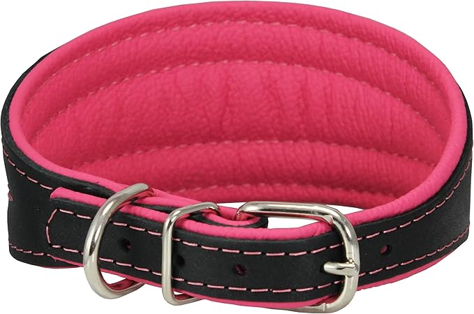 Real Leather Extra Wide Padded Tapered Dog Collar Glossy Black Greyhound Saluki Deerhound Lurcher Whippet Dachshund (13.25"-15.25" Neck; 2.5" Wide, Pink)
