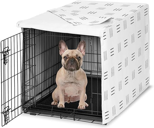 Sweet Jojo Designs White and Black Boho Mudcloth Dog Crate Cover – Kennel Covers for 30 Inch Pet Cage Small/Medium - Black and White Bohemian Minimalist Southwest Mud Cloth Hatch Neutral Triple Line