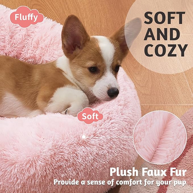 OhGeni Calming Donut Dog & Cat Bed Pillow, Machine Washable Plush Warming Bed, Anti-Slip Round Cuddle Comfort Pet Bed, Pillow Design Cozy Fluffy Faux Fur Bed for Small Medium Dogs, Pink, 23 inches