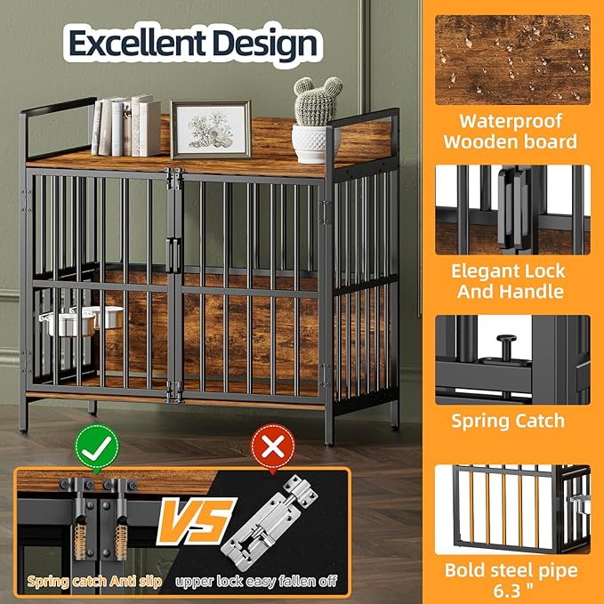 Large Dog Crate Furniture, with 360° Adjustable Elevated Feeder, Heavy Dog Furniture, Indoor Decorative Dog Kennel, Sturdy Metal Construction, 38" W×21" D×36" H, Rustic Brown Finish