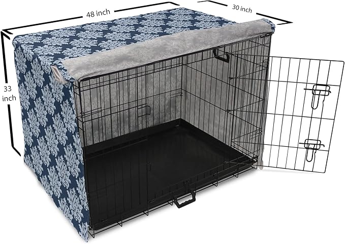 Lunarable Damask Blue Dog Crate Cover, Abstract Antique Royal Motif with Leaves and Swirls, Easy to Use Pet Kennel Cover for Medium Large Dogs, 48 Inch, Ceil Blue Violet Blue