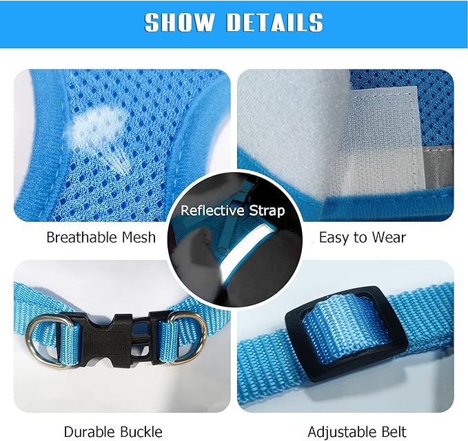 FEimaX Dog Harness and Leash Set for Walking, Soft Mesh Adjustable Easy Control Lightweight Cat Vest Harnesses with Reflective Strips, Escape Proof Small Dogs Cats Vests (Azure, X-Large)
