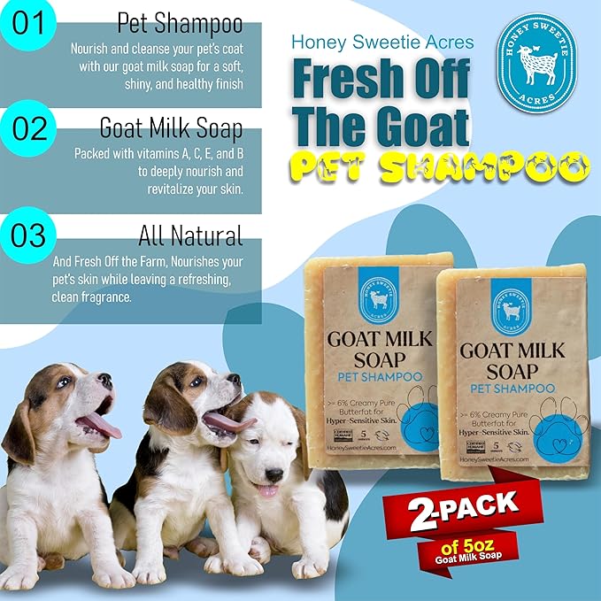 Honey Sweetie Acres 2-Pack All-Natural Pet Shampoo Bar with Fresh Goat Milk - Moisturizing Relief for Dry, Itchy Skin - Leaves A Fresh, Clean Scent - Eliminate Dirty Pet Odor, 5 oz Bar (2 Count)
