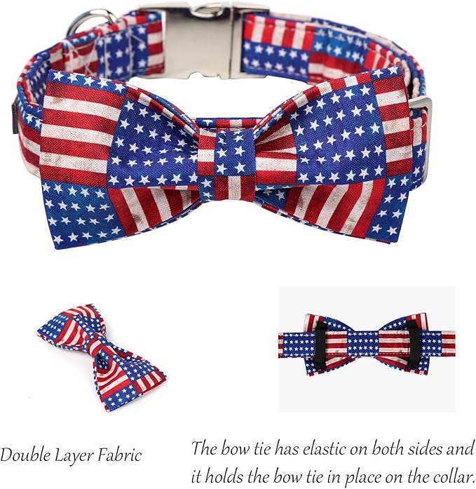 Lionet Paws Patriotic Dog Collar with Bowtie, 4th of July, Soft and Comfortable Adjustable American Flag Bowtie Collar for Dogs Male Female Gift, Small, Neck 10-16 inches