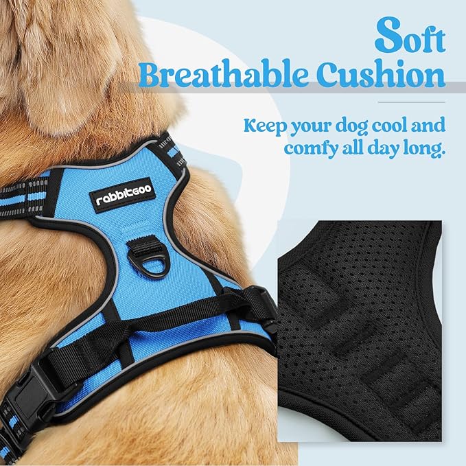 rabbitgoo Dog Harness, No-Pull Pet Harness with 2 Leash Clips, Adjustable Soft Padded Dog Vest, Reflective No-Choke Pet Oxford Vest with Easy Control Handle for Medium Dogs, Blue, M
