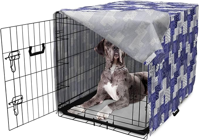 Lunarable Geometric Dog Crate Cover, Eastern Inspirations Canonical Paisley and Floral Composition Squares, Easy to Use Pet Kennel Cover for Medium Large Dogs, 48 Inch, Dark Blue Cobalt Blue