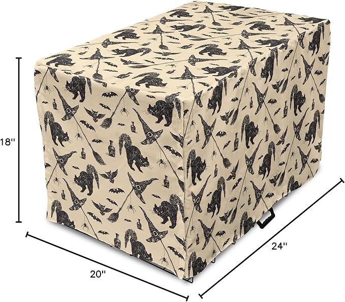 Lunarable Halloween Dog Crate Cover, Sketch Drawn Bat Cat Spider Witch Hat and Broom Pattern, Easy to Use Pet Kennel Cover for Cats & Medium Dogs, 24 Inch, Grey Beige Charcoal