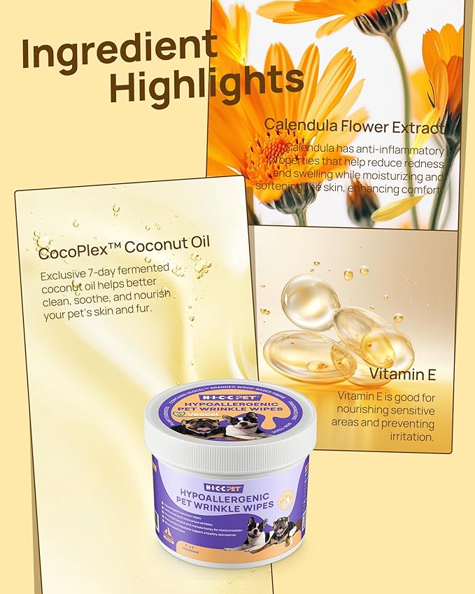 HICC PET Wrinkle Wipes for Dogs- 100 Count Hypoallergenic Wrinkle Wipes French Bulldog, Cleans Deodorizing, Anti-Itch Tear Stain Remover, Vet-Recommended Dog Face Wipes Great for Pug, English Bulldog