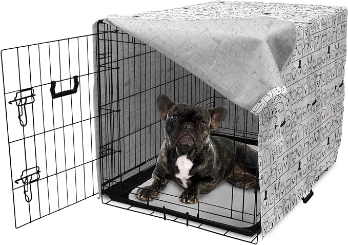 Lunarable Cartoon Dog Crate Cover, Funny Creatures and Monsters Doodle Faces in Manga Style Emotions, Easy to Use Pet Kennel Cover for Cats & Medium Dogs, 24 Inch, Charcoal Grey Coral White