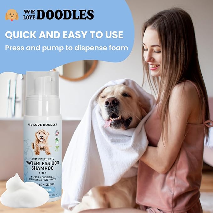 Waterless Dog Shampoo - Cleans & Moisturizes Coat, No Rinse Dog Shampoo, Safe Foam Formula & Pet-Friendly Dog Deodorizing Spray, 5.2 oz (Ocean Breeze) [We Love Doodles]