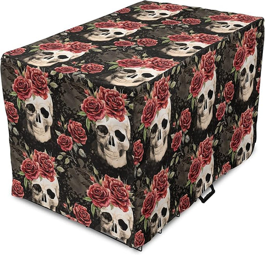 Lunarable Halloween Dog Crate Cover, Mexican Sugar Skull Rose Bouquets Spooky Traditional Humour Culture, Easy to Use Pet Kennel Cover for Cats & Medium Dogs, 30 Inch, Black Grey