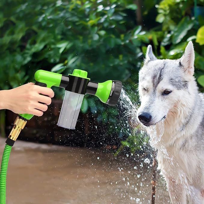 Rypet Dog Wash 7 Pieces Pet Bathing Tool Set Includes Expandable Hose Nozzle Foam Sprayer Connector Dog Rubber Brush for Bathing Pets, Washing Cars and Watering Plants