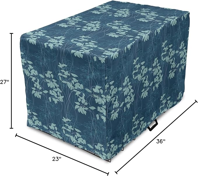 Lunarable Blue Floral Dog Crate Cover, Abstract Leaves and Outlines Rural Field Garden Foliage Art, Easy to Use Pet Kennel Cover for Medium Large Dogs, 36 Inch, Green Night