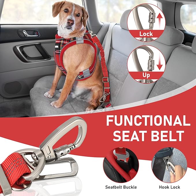 GAMUDA Dog Harness, Collar and Seat Belt Set, Vehicle Safety Harness, Retractable Adjustable Pet Seatbelts with Travel Strap and Carabiner for Most Cars (Red, XS)