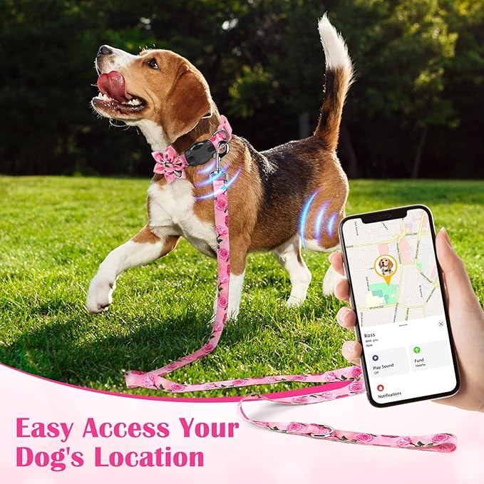 Airtag Dog Collar for Medium Dogs, Rose-Pink Dog Collars Girl with AirTag Holder Waterproof Airtag Case, Including Flower Spring Dog Collar Bowtie, for All Female Dogs ﻿