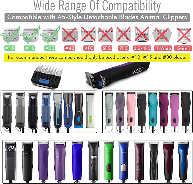 Professional A5 Style Animal Clipper Stainless Steel Color-Coded Snap-on Attachment Guard Guide Comb, 1/8"-1" Compatible with Wahl KM Series Oster A5 Andis Detachable Blade Pet Groomers (#3 - 3/8")