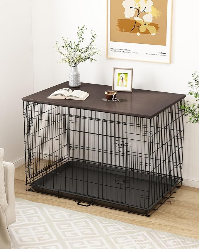 Piskyet Dog Crate Topper Wood Countertop for 48 42 36 30 24 inch Dog Cage, Dog Crate Cover,Dog Kennel Topper, 42" Walnut(Crate Not Include)
