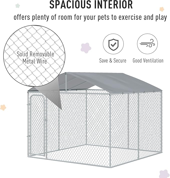 PawHut Large Dog Kennel Outside, Heavy Duty Dog Cage with Waterproof Cover, Outdoor Fence Dog Run with Galvanized Chain Link, Secure Lock, 9.8' x 9.8' x 7.7'