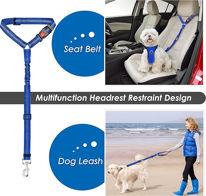 Lukovee Dog Seatbelt Leash for Cars, 2 Pack Pet Safety Car Seat Belt with Adjustable Buckle & Reflective Bungee, Connect Dog Harness in Vehicle Car Dogs Restraint Travel Daily Use (Blue)