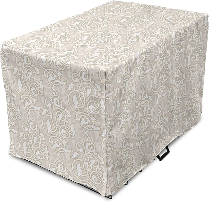 Lunarable Cream Dog Crate Cover, Oriental Motifs with Antique Damask Inspired Design Retro Revival Swirls, Easy to Use Pet Kennel Cover for Cats & Medium Dogs, 30 Inch, Beige White